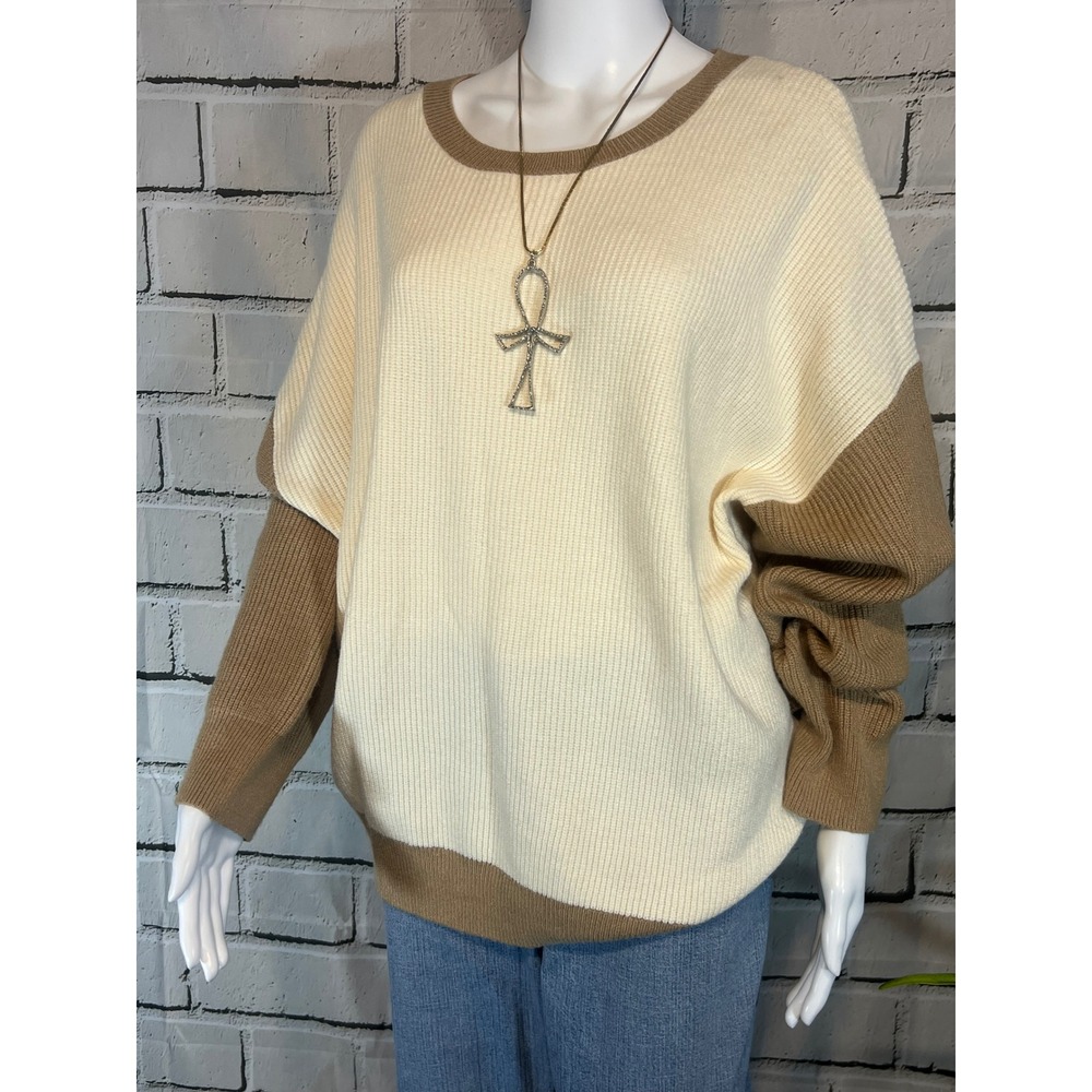 Express Womens XL Cream Tan Colorblock Ribbed Knit Dolman Sleeve Sweater